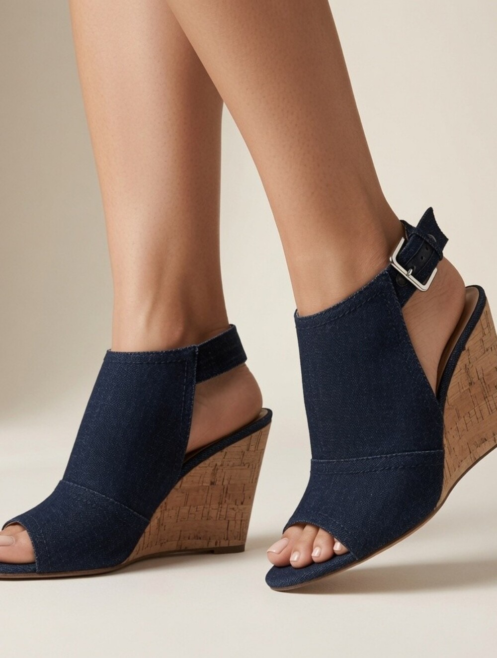 Nine West Open-Toe Ankle Wedges in Dark Navy Denim Size 6